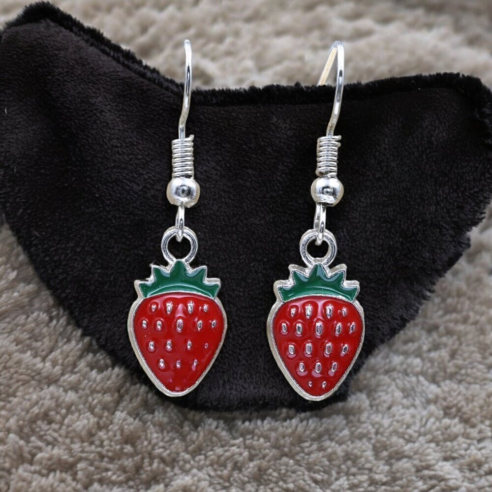 Strawberry Enamel Drop Earrings | Handmade - Picture 5 of 5